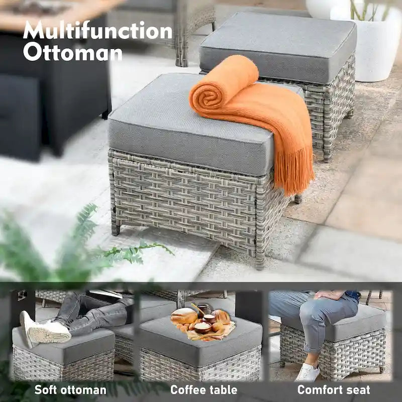 Set di sedie girevoli curve in vimini OVIOS a 5 pezzi con pouf da esterno