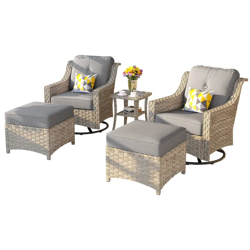 Set di sedie girevoli curve in vimini OVIOS a 5 pezzi con pouf da esterno