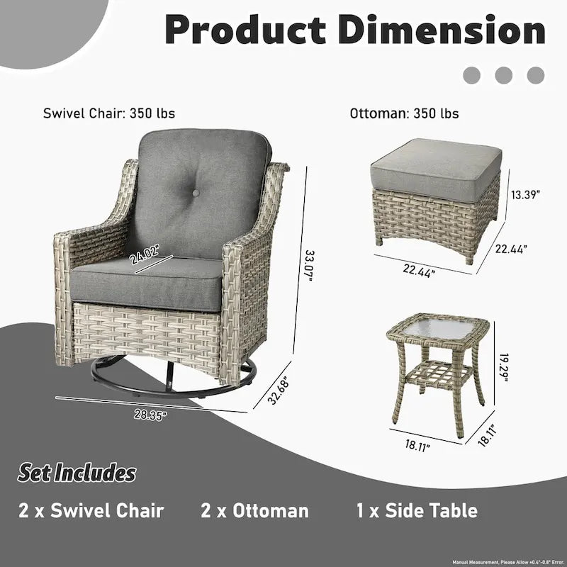 Set di sedie girevoli curve in vimini OVIOS a 5 pezzi con pouf da esterno