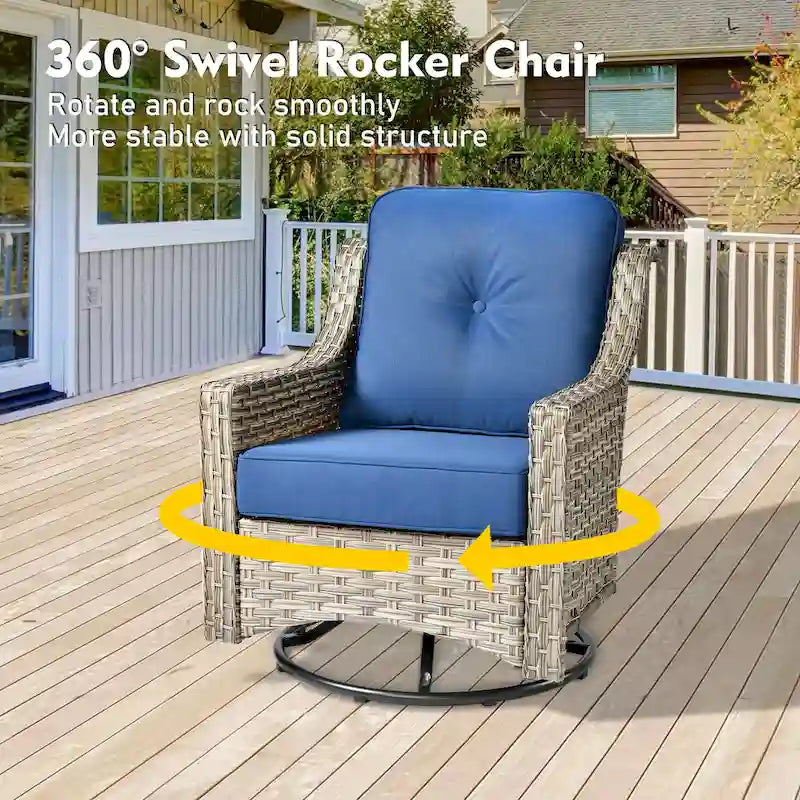 Set di sedie girevoli curve in vimini OVIOS a 5 pezzi con pouf da esterno