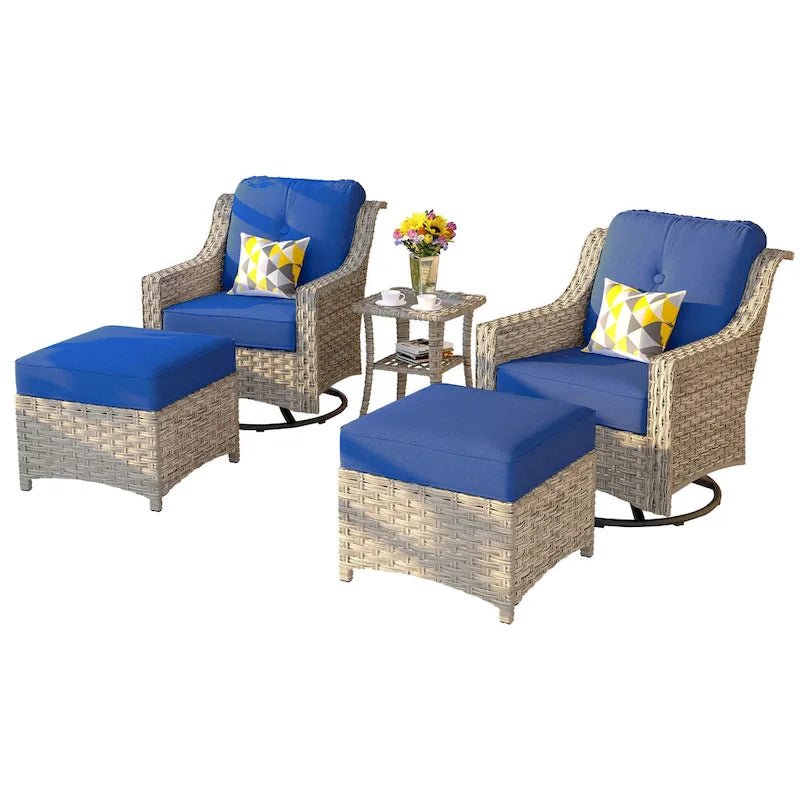 Set di sedie girevoli curve in vimini OVIOS a 5 pezzi con pouf da esterno