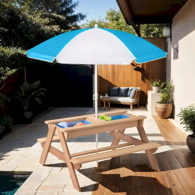 3-in-1 Kids Outdoor Wood Table with Adjustable Umbrella