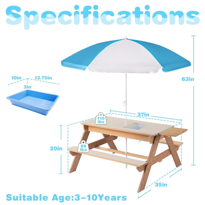 Tavolo da esterno 3 in 1 in legno per bambini con ombrellone regolabile