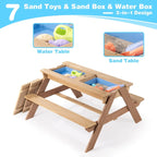 Tavolo da esterno 3 in 1 in legno per bambini con ombrellone regolabile