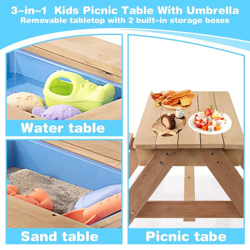 Tavolo da esterno 3 in 1 in legno per bambini con ombrellone regolabile