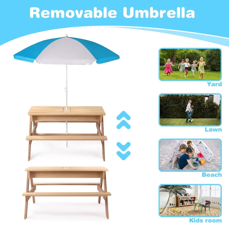 Tavolo da esterno 3 in 1 in legno per bambini con ombrellone regolabile
