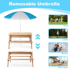 Tavolo da esterno 3 in 1 in legno per bambini con ombrellone regolabile