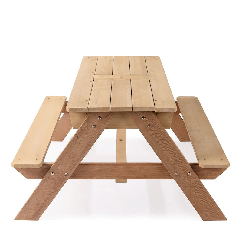 Tavolo da esterno 3 in 1 in legno per bambini con ombrellone regolabile