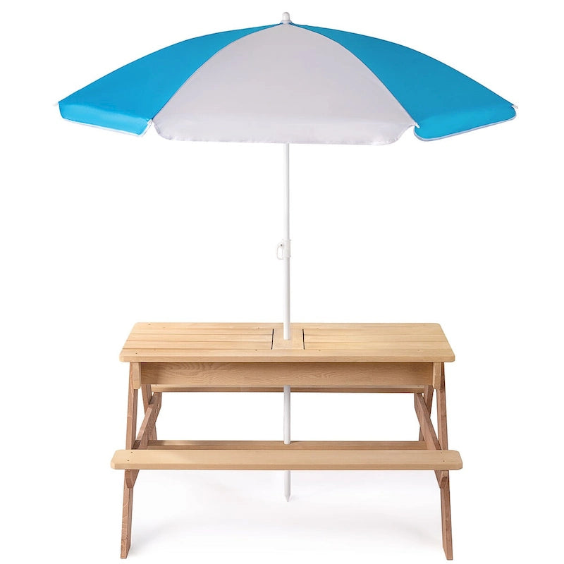 Tavolo da esterno 3 in 1 in legno per bambini con ombrellone regolabile