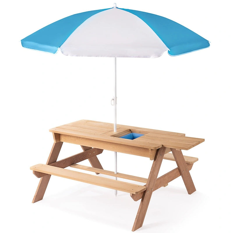 Tavolo da esterno 3 in 1 in legno per bambini con ombrellone regolabile