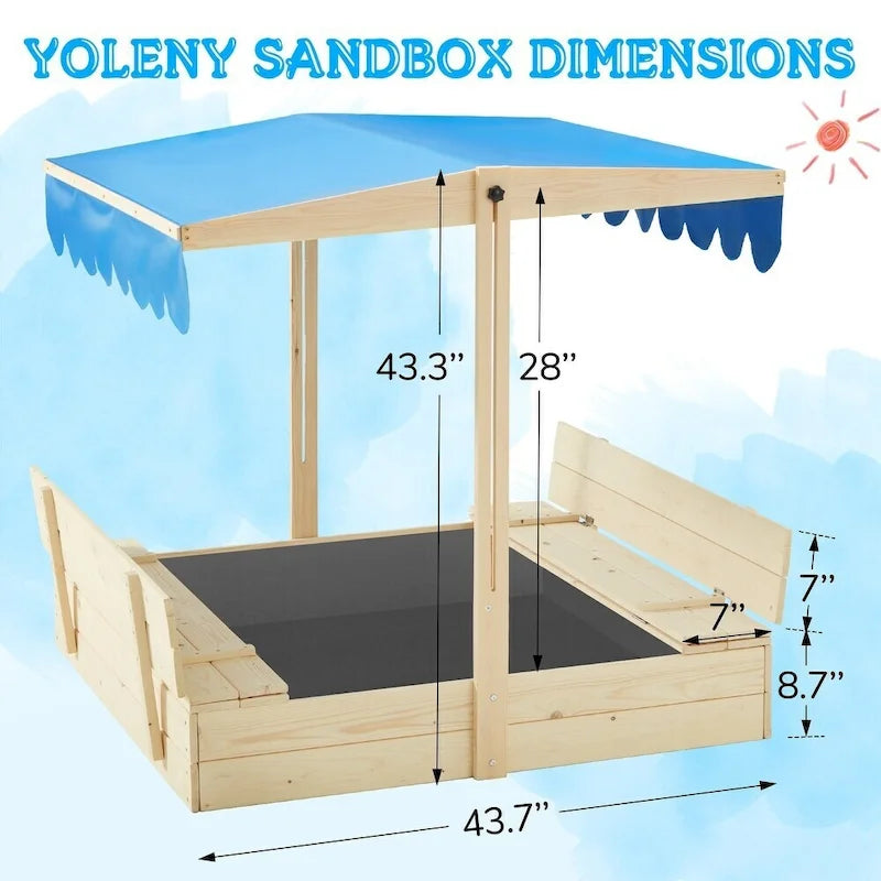 Bac à sable EROMMY en bois pour enfants avec deux sièges bancs pliants et un toit à auvent réglable, bleu