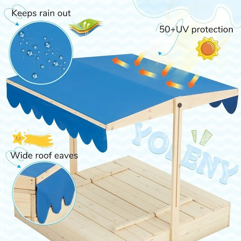 Bac à sable EROMMY en bois pour enfants avec deux sièges bancs pliants et un toit à auvent réglable, bleu