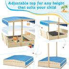 Bac à sable EROMMY en bois pour enfants avec deux sièges bancs pliants et un toit à auvent réglable, bleu