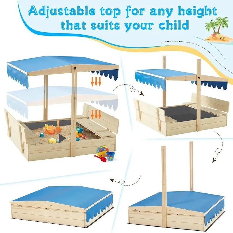 Bac à sable EROMMY en bois pour enfants avec deux sièges bancs pliants et un toit à auvent réglable, bleu