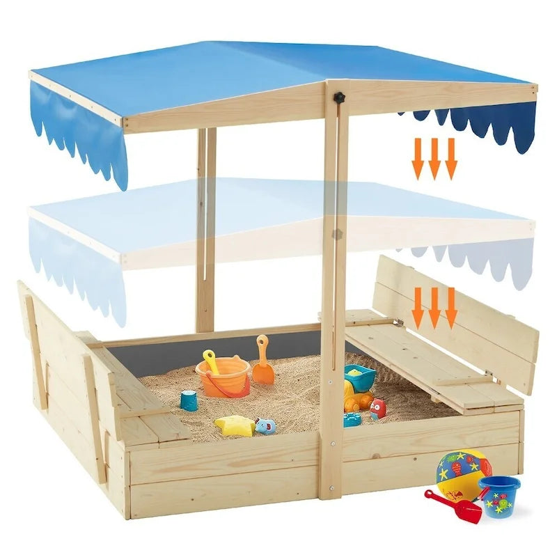 Bac à sable EROMMY en bois pour enfants avec deux sièges bancs pliants et un toit à auvent réglable, bleu