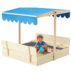 Bac à sable EROMMY en bois pour enfants avec deux sièges bancs pliants et un toit à auvent réglable, bleu