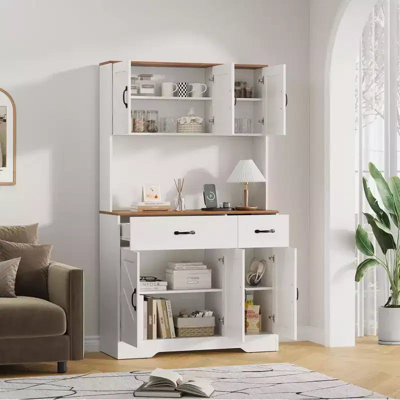 Mobile dispensa da cucina da 71" con stazione di ricarica, ampio piano di lavoro, supporto per microonde e 2 cassetti, mobile contenitore per sala da pranzo e soggiorno