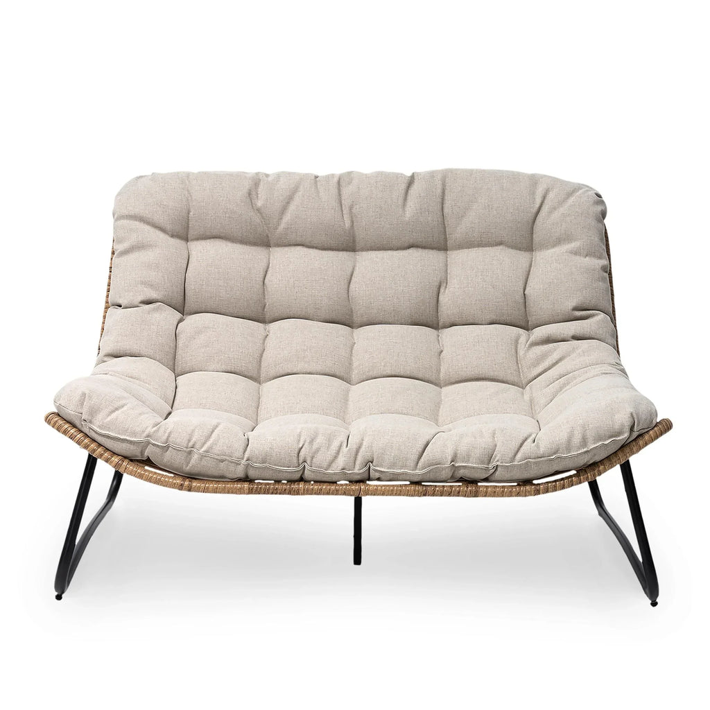 Divanetto due posti Double Papasan con cuscino, in rattan PE per tutte le stagioni e struttura in metallo per interni ed esterni