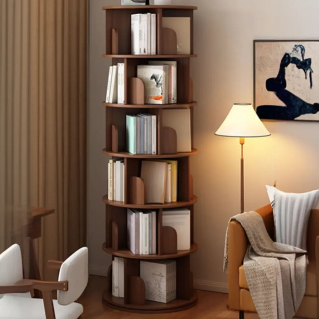 Libreria girevole cilindrica in legno marrone con schienale aperto