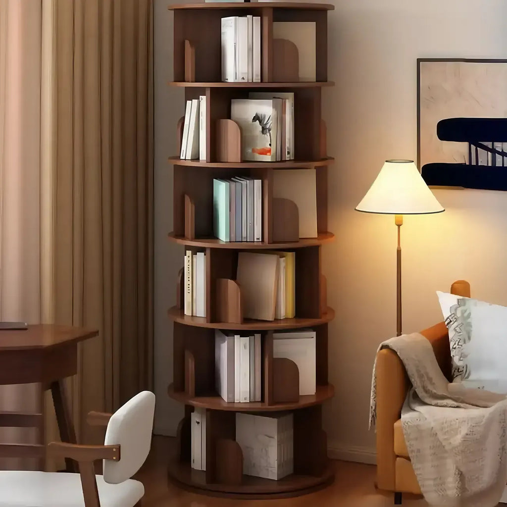 Libreria girevole cilindrica in legno marrone con schienale aperto