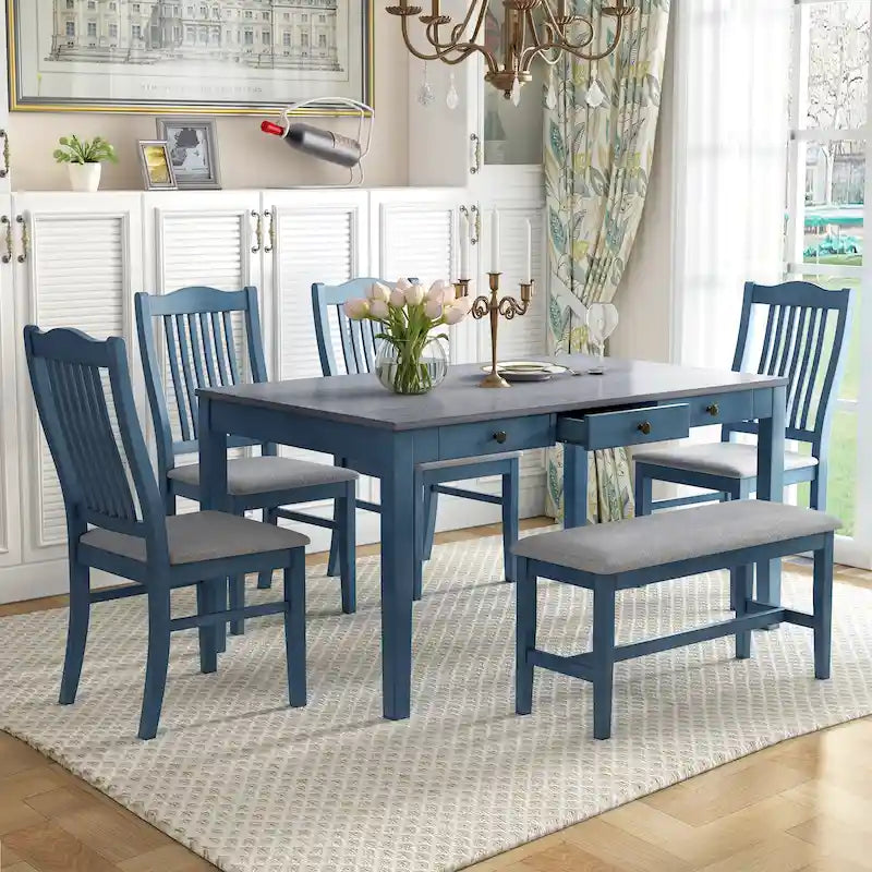 Set da pranzo di 6 pezzi in legno con 4 sedie e panca, tavolo con cassetto