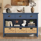 Consolle da Ingresso con Contenitore, Tavolo da Ingresso Stile Rustico con 3 Cassetti e 3 Cesti in Giacinto d'Acqua per Soggiorno o Ingresso - Panipeachy