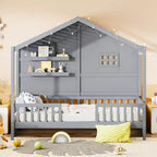Letto a capanna per bambini con scaffali e sponde, Struttura letto in legno stile Montessori per bambini con finestra e striscia luminosa scintillante