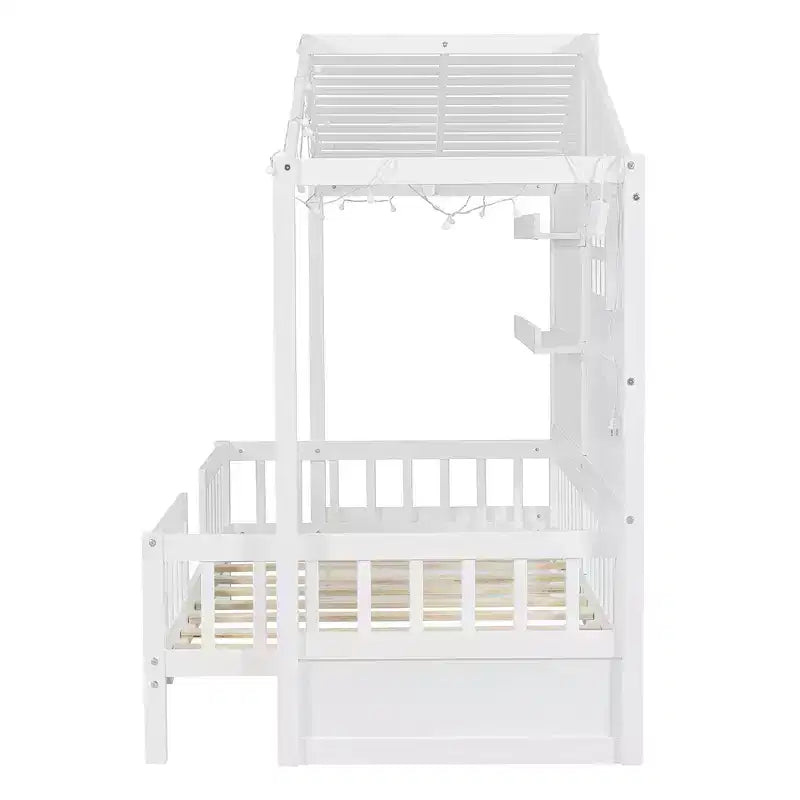 Letto a capanna per bambini con scaffali e sponde, Struttura letto in legno stile Montessori per bambini con finestra e striscia luminosa scintillante