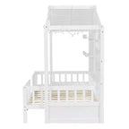 Letto a capanna per bambini con scaffali e sponde, Struttura letto in legno stile Montessori per bambini con finestra e striscia luminosa scintillante