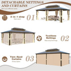 EROMMY Gazebo a tetto rigido, Pergola da esterno con doppio tetto, zanzariere e tende, Tenda da sole resistente per patio, cortile, feste in piscina