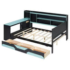 Lit de repos de jeu double/grand avec tête de lit bibliothèque, lumières LED, bureau intégré, tiroirs et station de charge