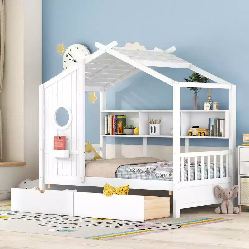Letto a casetta in legno per bambini, piazza singola/matrimoniale, con 2 cassetti e ripiano portaoggetti - ModernLuxe