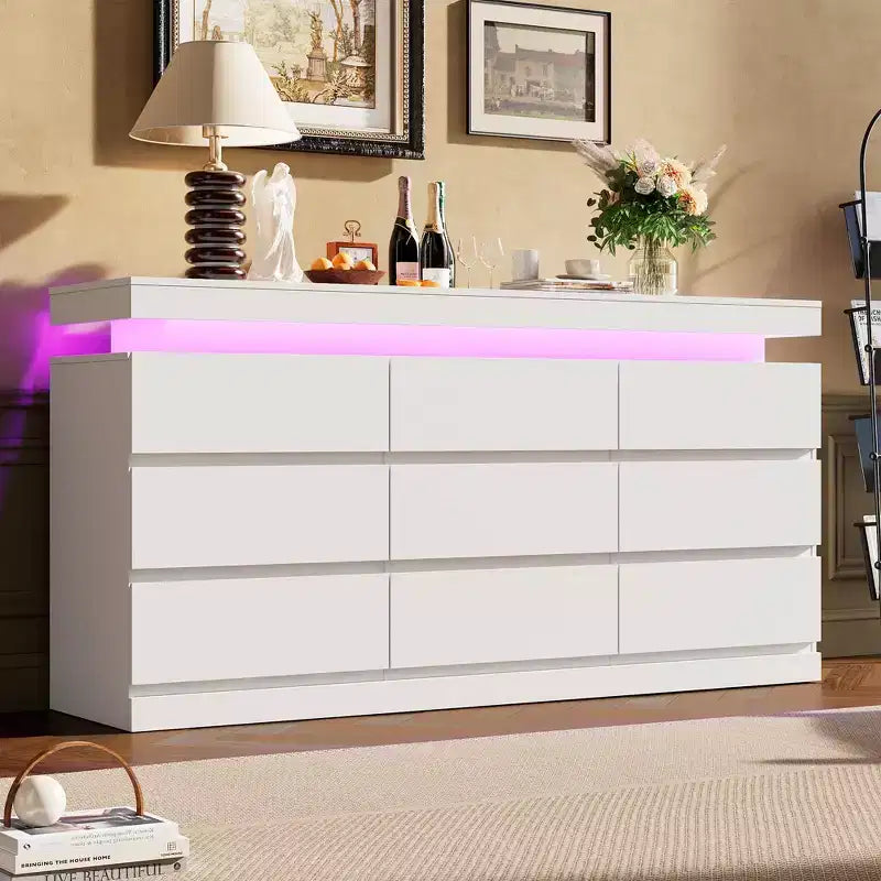 Comò a 9 cassetti per camera da letto, cassettiera con stazione di ricarica e luci LED, armadio doppio in legno, comò moderno porta TV