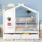 Letto a casetta in legno per bambini, piazza singola/matrimoniale, con 2 cassetti e ripiano portaoggetti - ModernLuxe