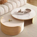 Tavolino moderno rotondo, piano in pietra, legno naturale - 50 x 31.5