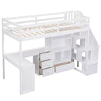 Letto a soppalco singolo con scrivania a L, 3 cassetti, armadio, contenitore per scale, struttura in pino massiccio/MDF