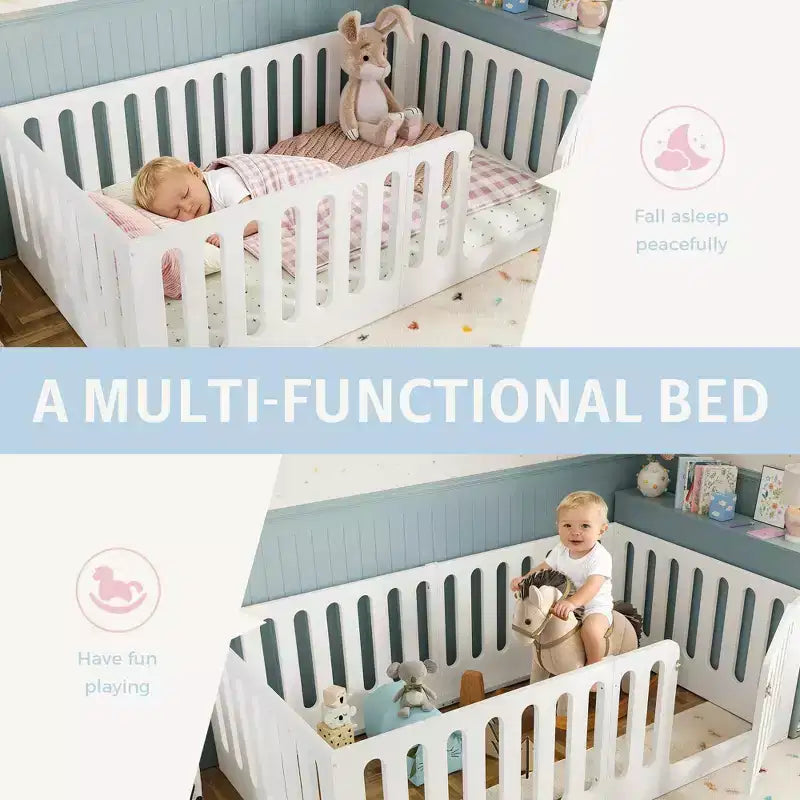 Letto Montessori Matrimoniale Bianco a Terra con Spondine e Porta – Legno Massello, 1 Bambino
