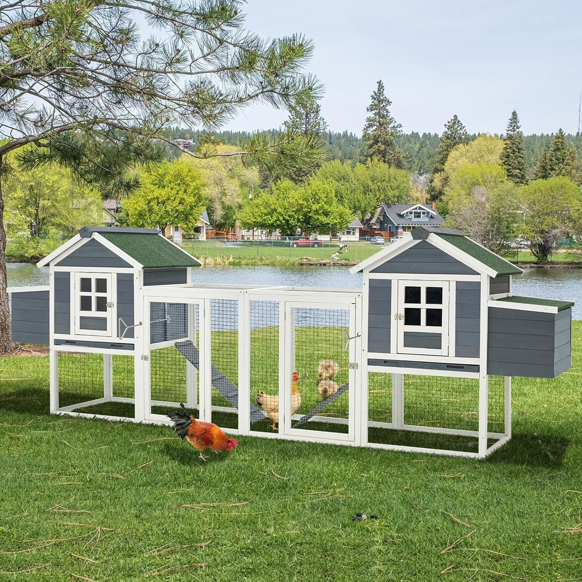 AECOJOY Pollaio Grande in Legno da 365 cm con Recinto e Conigliera