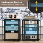 Meuble de rangement pour médias Bekrvio Metal, meuble stéréo à 4 niveaux avec portes en verre et étagères réglables, support audio AV avec gestion des câbles