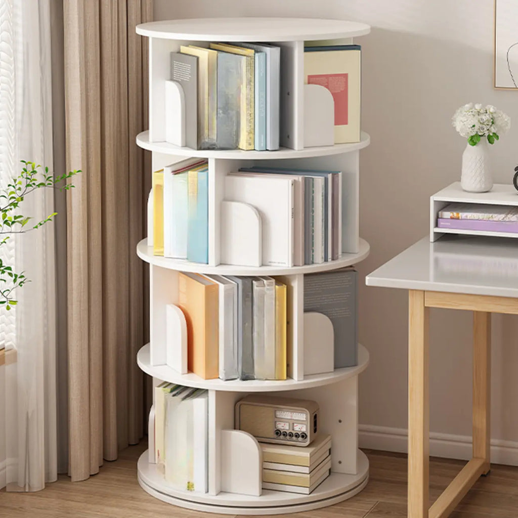 Libreria girevole cilindrica in legno marrone con schienale aperto