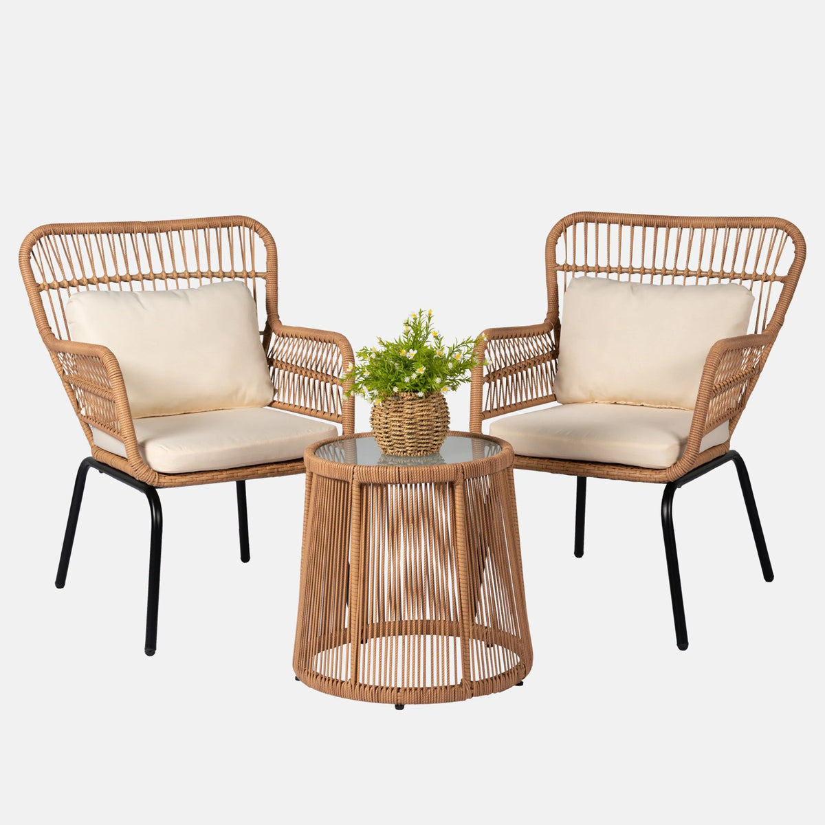Set da Bistrò per Conversazione da Esterno a 3 Pezzi in Vimini, Set di Sedie da Patio in Rattan per Tutte le Stagioni con Cuscini