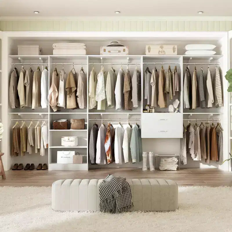 Sistema armadio autoportante con 8 aste appendiabiti e cassetti, Organizer armadio pensile con 10 ripiani