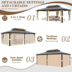 EROMMY Gazebo a tetto rigido, Pergola da esterno con doppio tetto, zanzariere e tende, Tenda da sole resistente per patio, cortile, feste in piscina