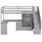 Letto a soppalco singolo con scrivania a L, 3 cassetti, armadio, contenitore per scale, struttura in pino massiccio/MDF
