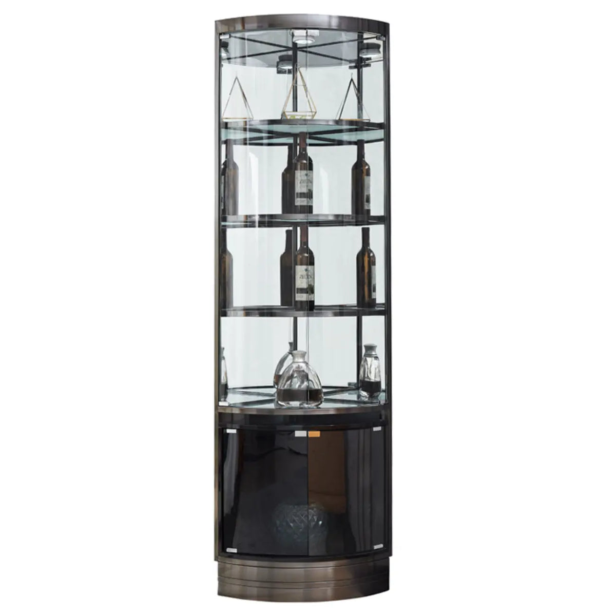 Mobile Bar Angolare con Scaffali Multipli in Vetro e Metallo per Esposizione
