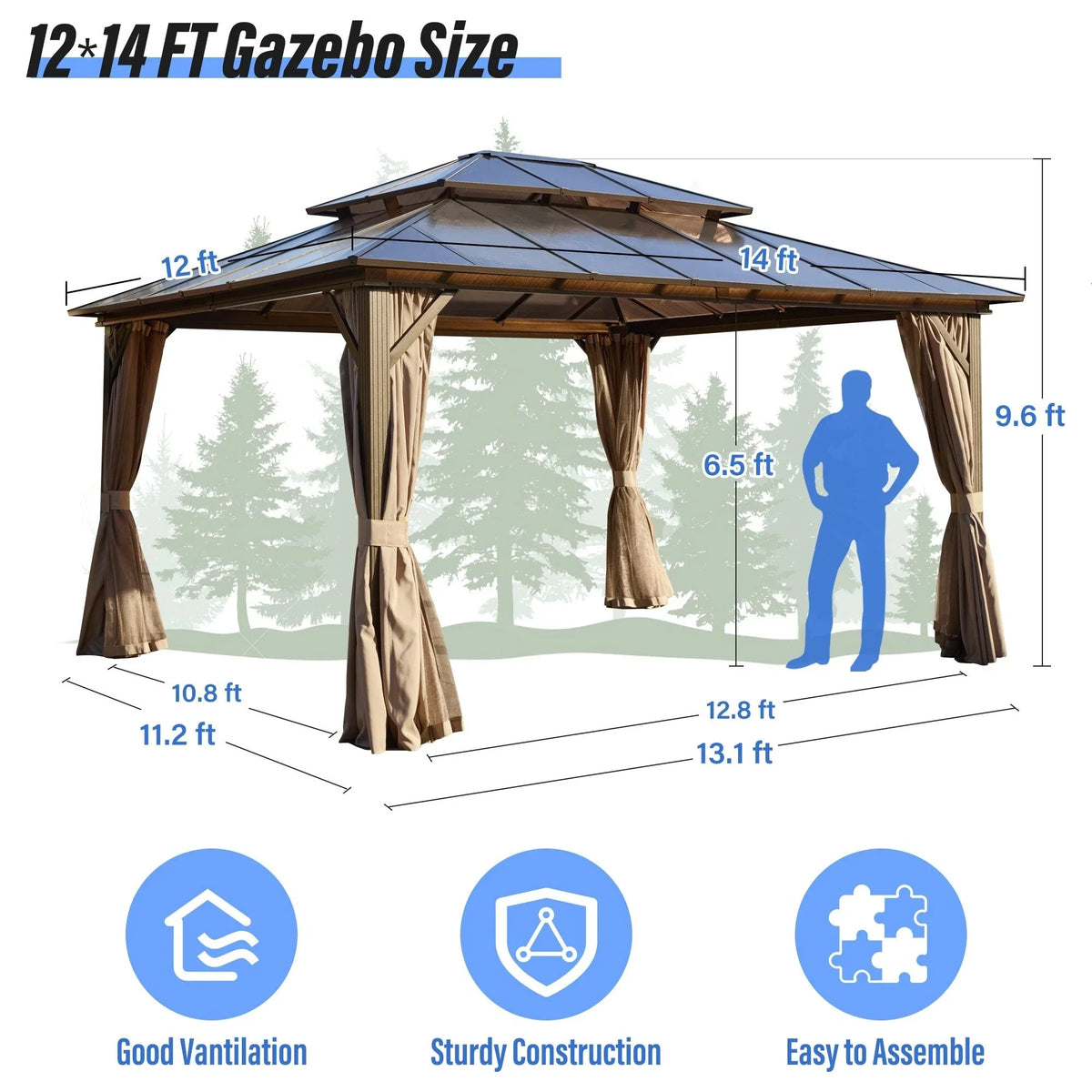 EROMMY Gazebo a tetto rigido, Pergola da esterno con doppio tetto, zanzariere e tende, Tenda da sole resistente per patio, cortile, feste in piscina