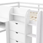 Letto a soppalco basso rosa/bianco con scrivania, contenitore e lavagna bianca – Singolo, 1 persona
