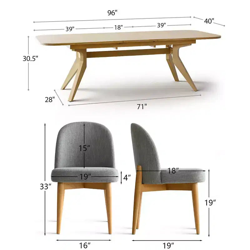 Set da pranzo da 7 pezzi, tavolo allungabile 78-96 con base a cavalletto e sedie imbottite con gambe in legno massello-Panipeachy