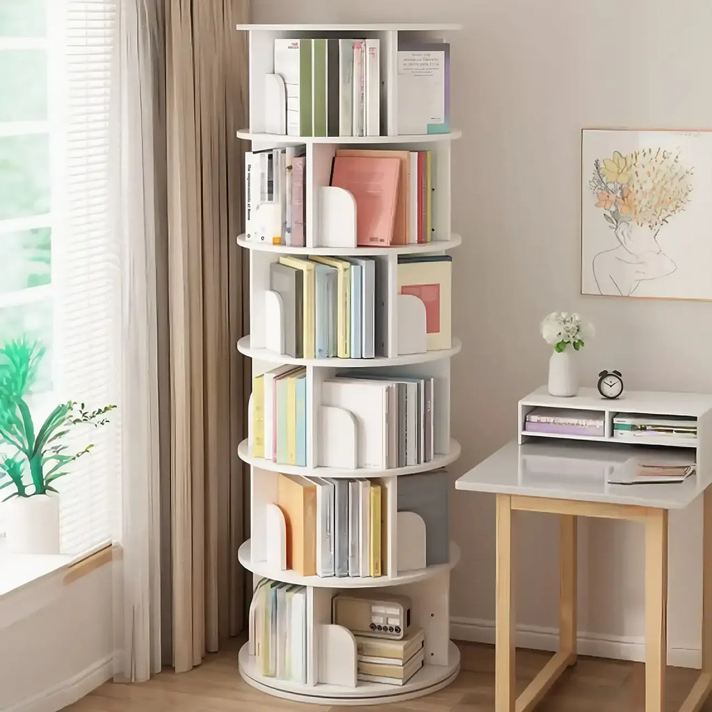 Libreria girevole cilindrica in legno marrone con schienale aperto
