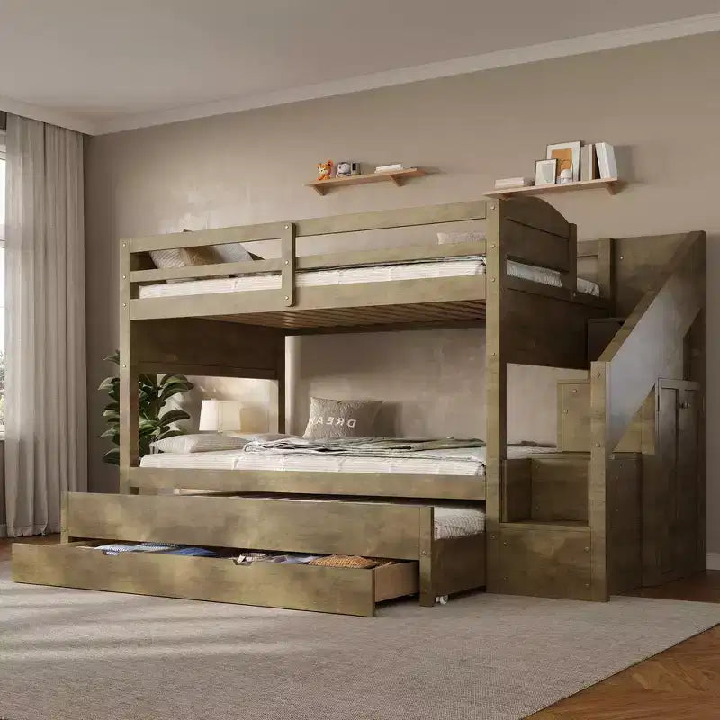 Whisen Letto a castello Twin XL con rotelle estraibili, letto a castello con contenitore, letto a castello in legno massello, scala con contenitore, armadio, 3 cassetti, per bambini